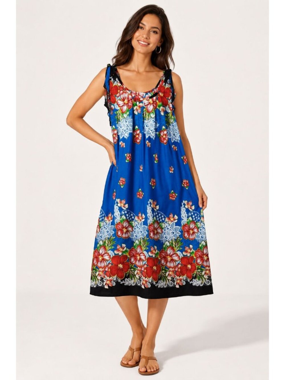 Hawaiian Vtg Floral Sleeveless Hibiscus Print Dress Blu/Red White Large